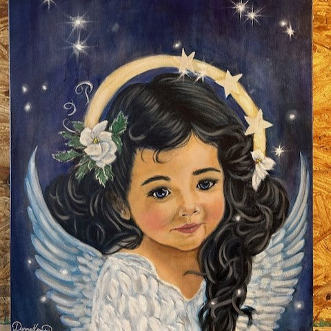 A painted portrait of a young angelic child with dark curly hair, white wings, a crescent moon and star halo, and white flowers in the hair, set against a dark blue starry background.