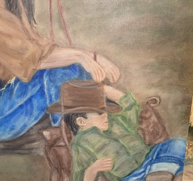 A close-up of a painted scene showing a child in a brown cowboy hat and green shirt resting against a person in blue clothing, with warm earthy tones across the artwork.