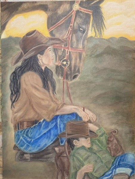 A western-themed painting depicting a woman in a brown cowboy hat and tan shirt sitting beside a dark horse with red bridle, while a child in a green shirt and brown hat sits in the foreground against a warm yellow sky.