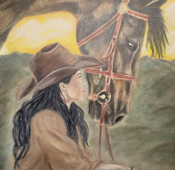 A painted western scene showing a woman in profile wearing a brown cowboy hat and tan clothing beside a dark horse with a red halter, against a soft yellow and green background.